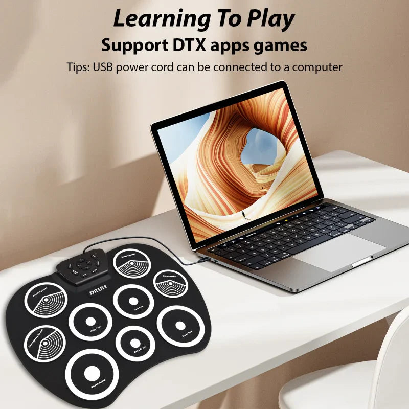 Portable 9-Pad Roll-Up Electronic Drum Set USB MIDI with Pedals & Drumsticks