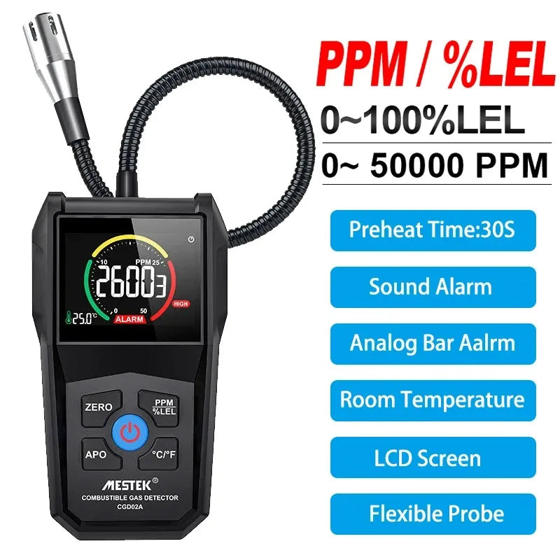 Combustible Gas Leak Detector 0-100% LEL / 0-50,000 ppm — LCD Screen, Sound & Light Alarm, 10.6in (270mm) Flexible Probe, Portable
