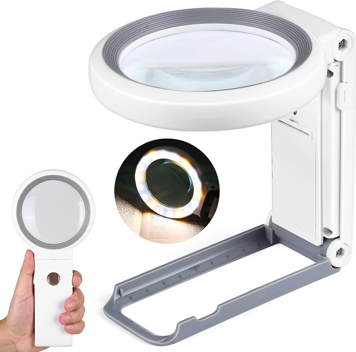 10X / 30X LED Magnifying Glass with 18 LEDs and Stand - Folding Handheld Illuminated Magnifier for Reading, Jewelry & Coins