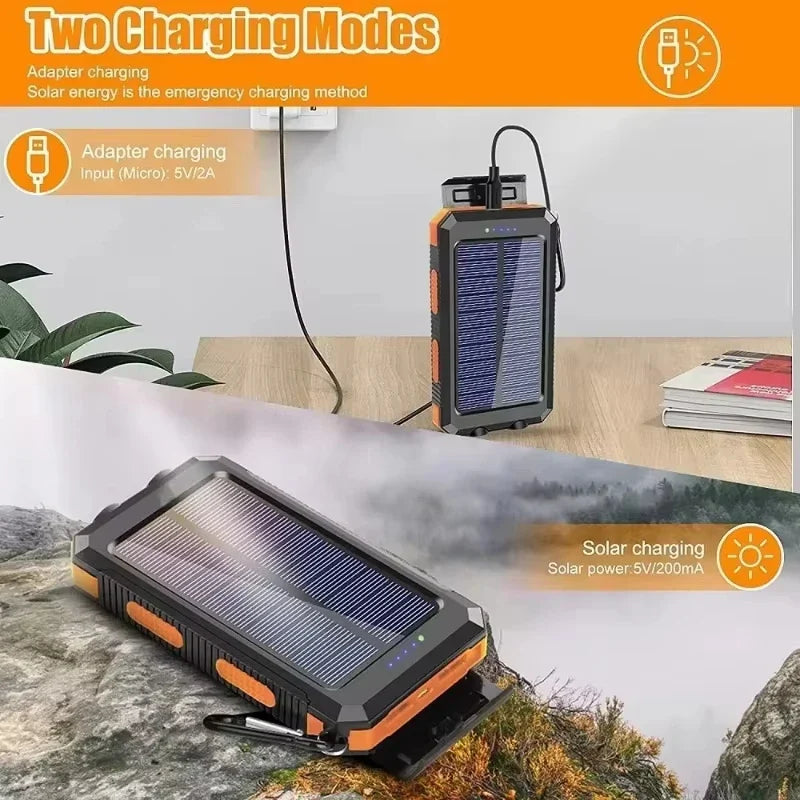 200000mAh Waterproof Solar Power Bank 20W Dual USB Portable Charger with LED Display & Flashlight for Camping
