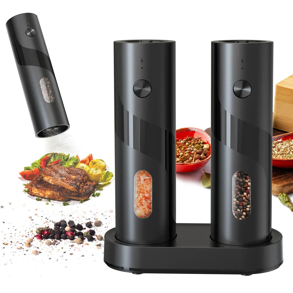 2-Pack USB Rechargeable Electric Salt and Pepper Grinder Set, Adjustable Coarseness, LED Light, Ceramic Core Top-Fill Spice Mills for Kitchen