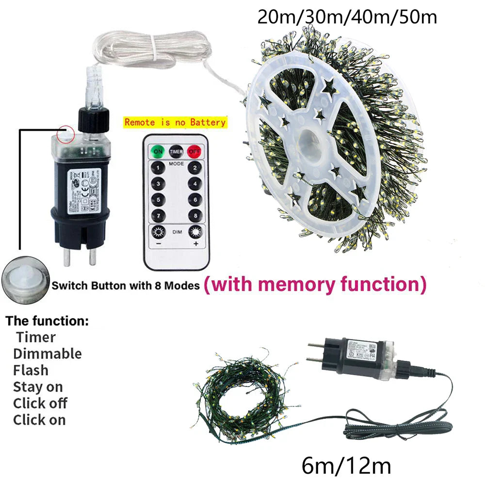 LED Fairy String Cluster Lights Green Wire – Dimmable Remote-Controlled Outdoor & Indoor Christmas, Wedding & Party Garland Lights
