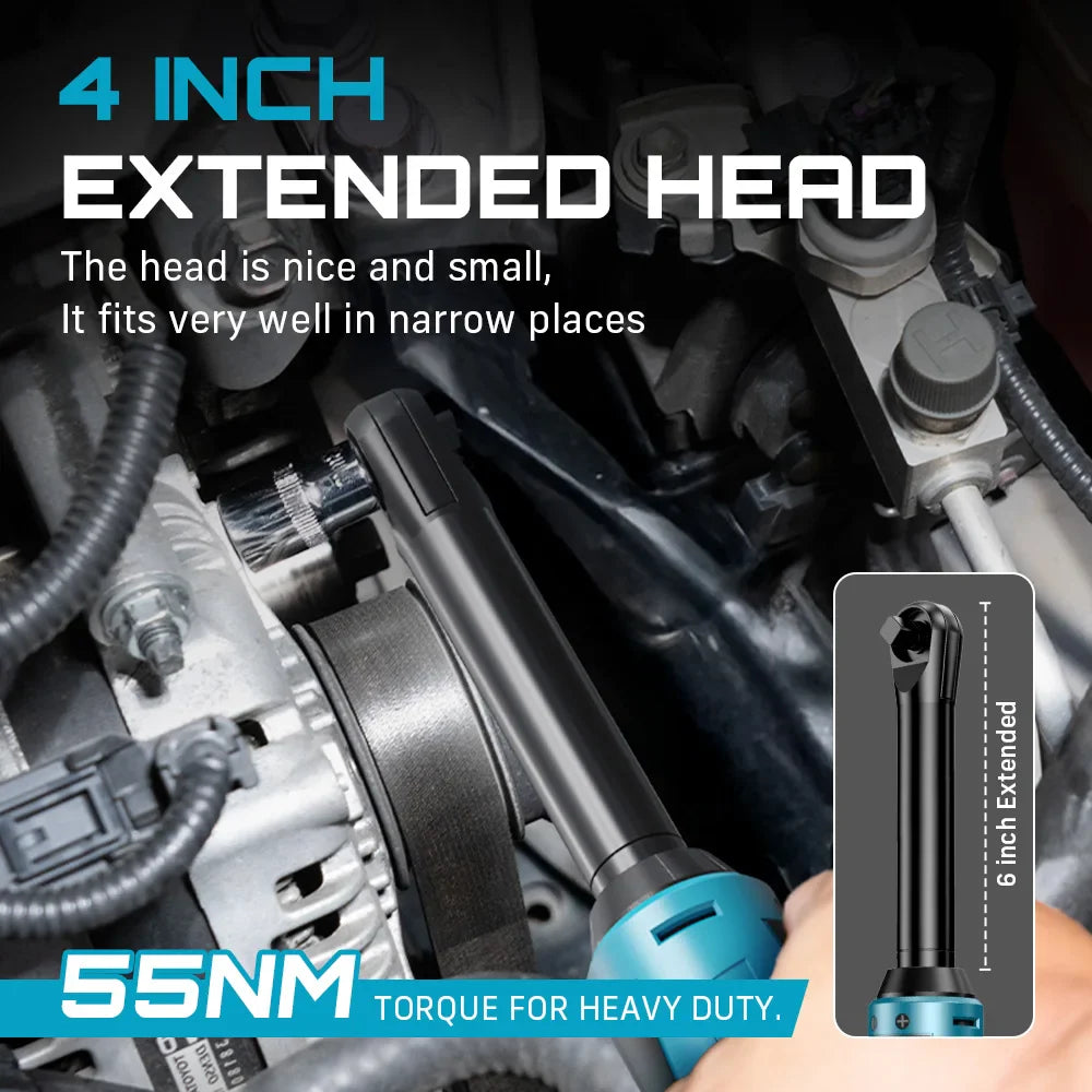 6 in (152 mm) Extended Cordless Electric Ratchet Wrench 3/8 in (9.5 mm) Drive 12V 55 Nm Variable Speed LED with 2×2000mAh Batteries