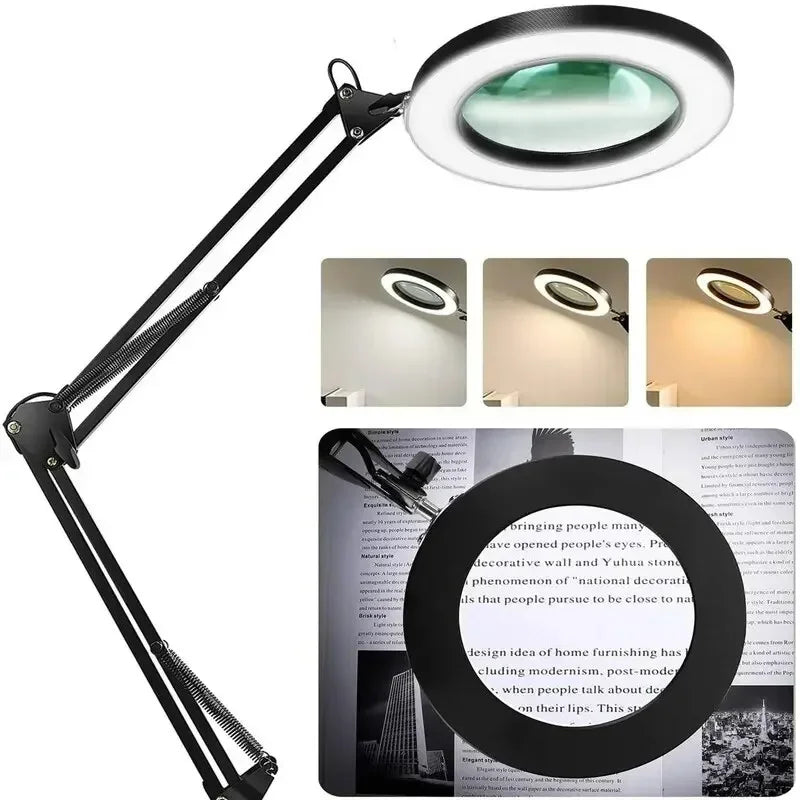 72-LED 8X/10X USB Illuminated Magnifying Glass Lamp - 4.2 in (106 mm) Lens, 3-Color Dimmable LED, Adjustable Arm & Clamp for Soldering, Crafts, Skincare