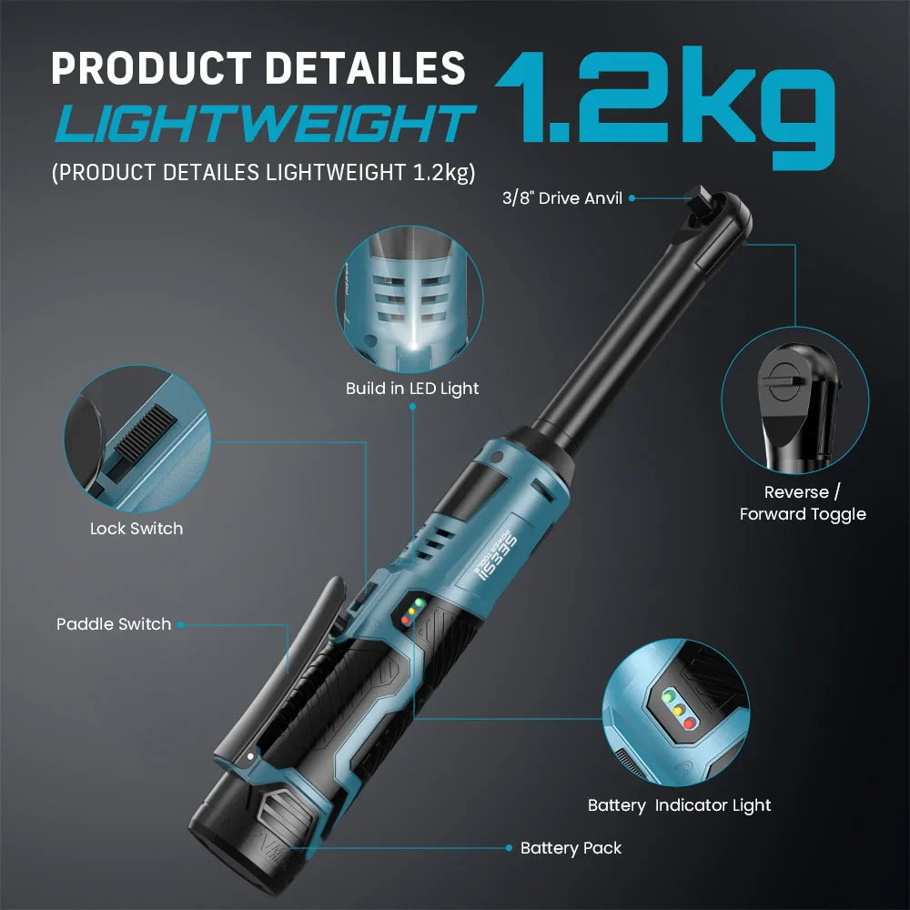 6 in (152 mm) Extended Cordless Electric Ratchet Wrench 3/8 in (9.5 mm) Drive 12V 55 Nm Variable Speed LED with 2×2000mAh Batteries