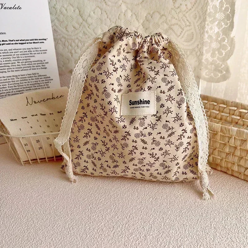 Printed Floral Diaper Bag – Cotton Drawstring Mommy Nappy Bag, Travel & Stroller-Friendly Organizer