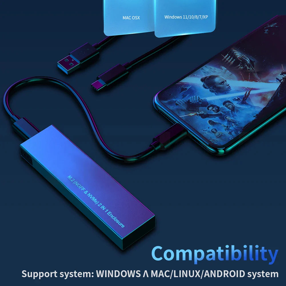 Dual-Protocol M.2 NVMe/SATA SSD Enclosure – USB 3.1 Gen2 10Gbps, Supports 2230/2242/2260/2280 (Type-C to C/A)