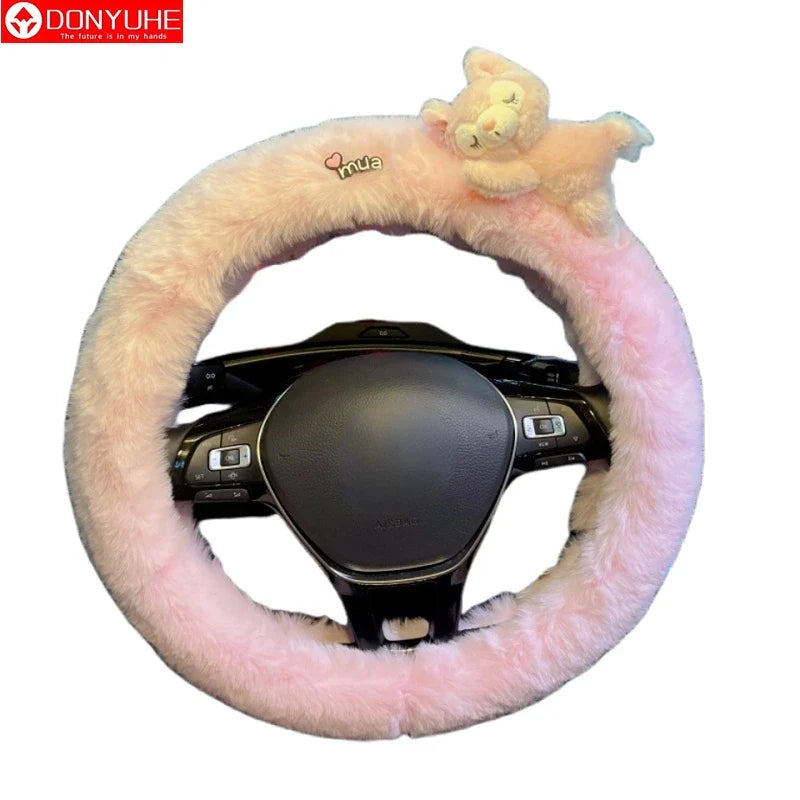 Cute Cartoon Fur Steering Wheel Cover Winter Warm Car Handle Cover for Women