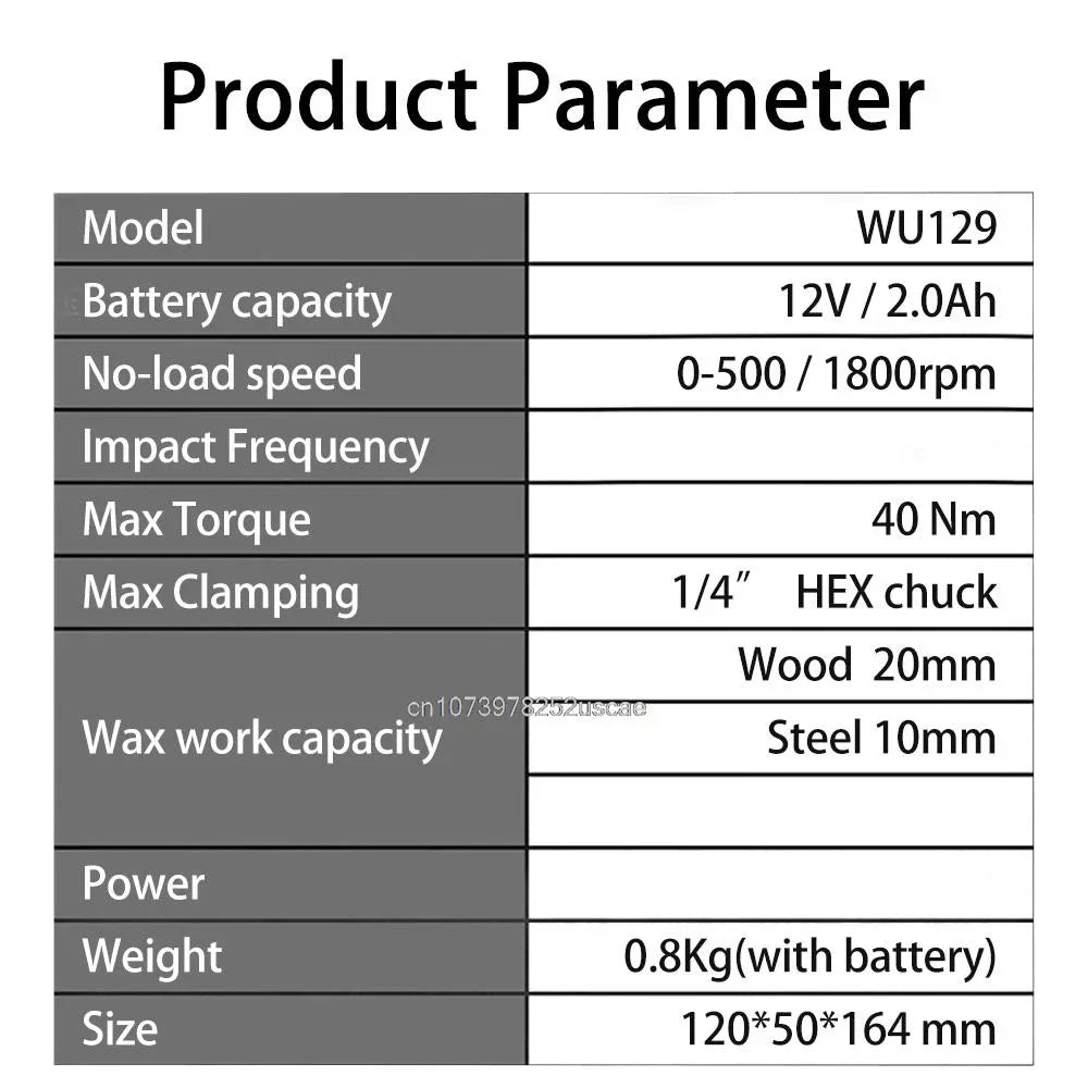 12V Cordless Brushless Screwdriver – Dual Speed 0–500/1800 RPM, 40 N·m (29.5 ft·lb) Torque, 1/4" Hex Chuck, 2.0Ah Battery Kit