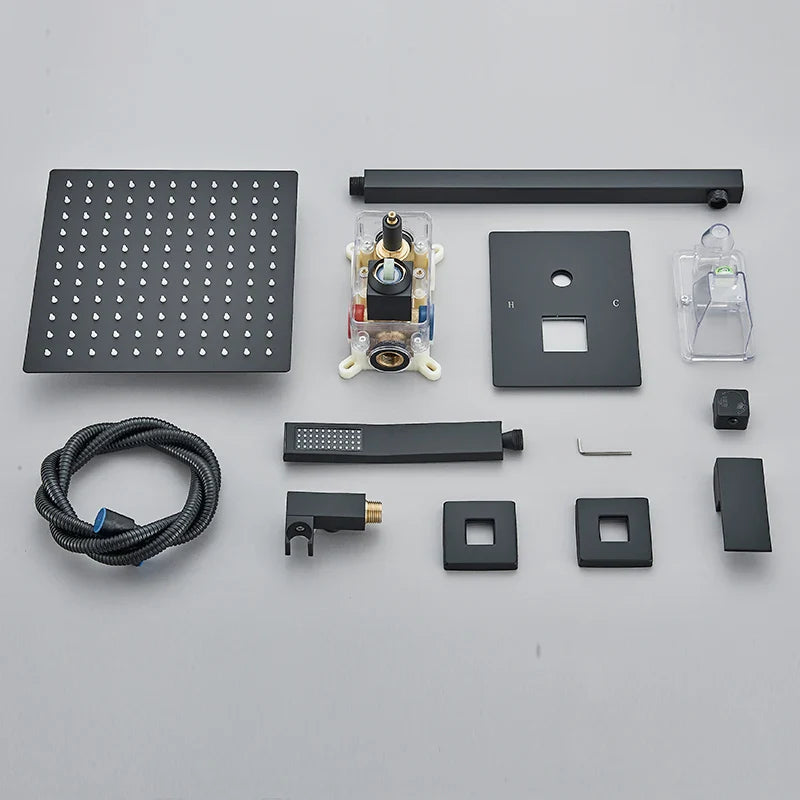 Matte Black Concealed In-Wall Rainfall Shower System with Tub Spout - Wall-Mount Mixer Faucet Set