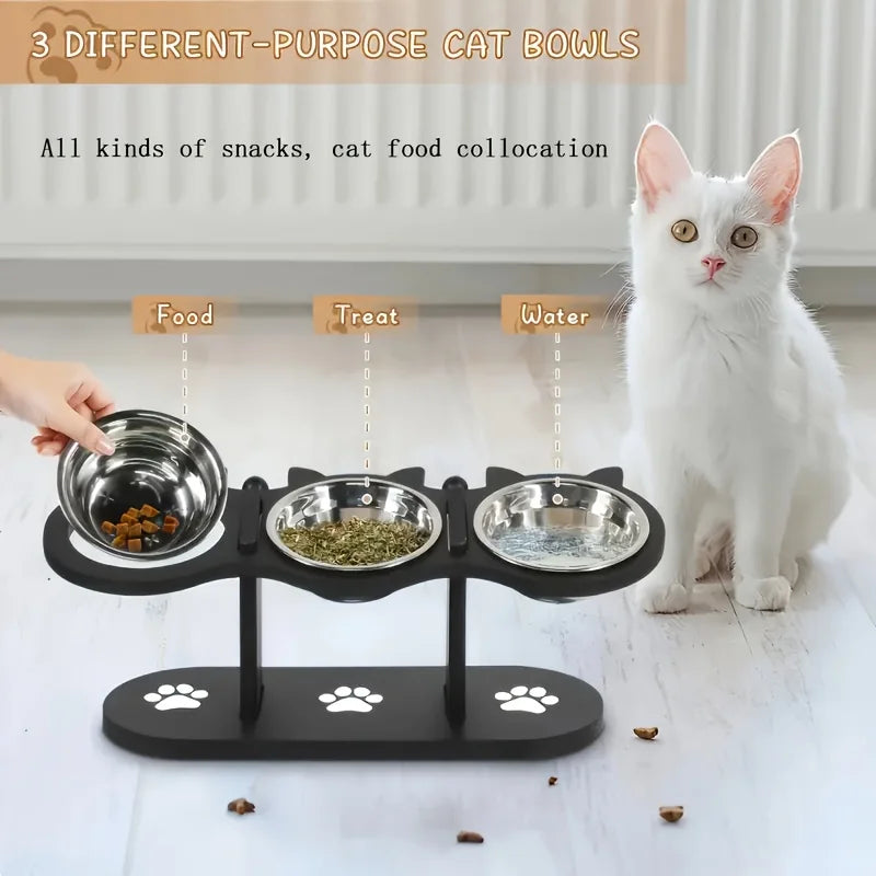 3-Tier Elevated Cat Feeder - Wood & Stainless Steel Adjustable 15-Degree Slanted Bowls, Removable Stands