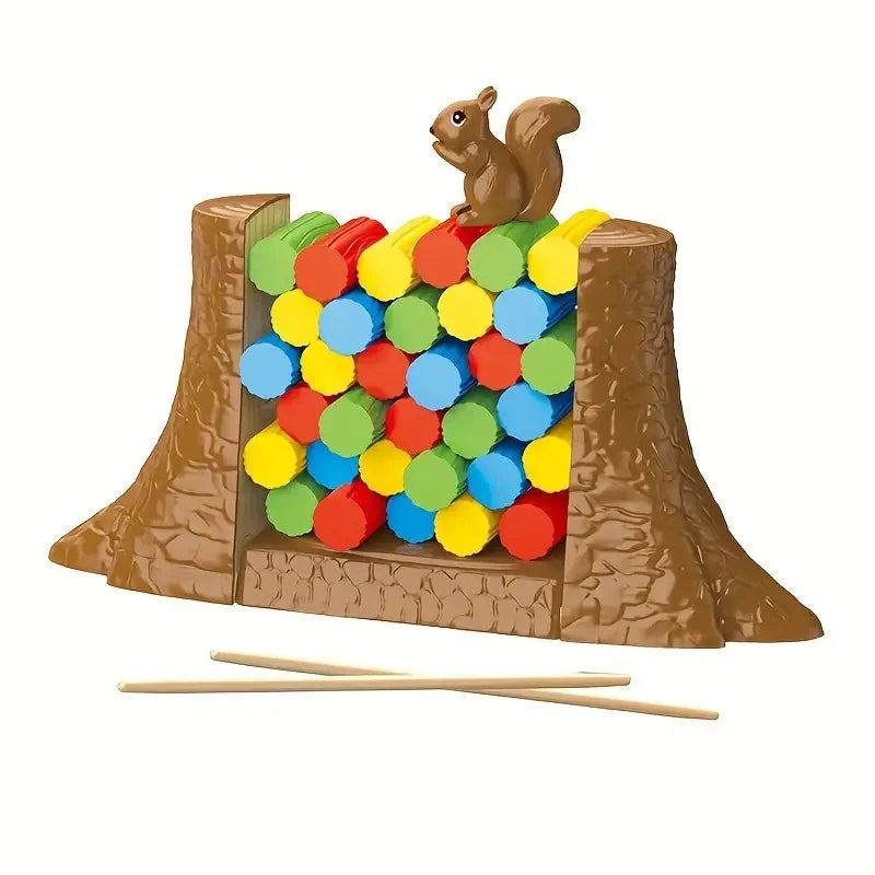 Kids Balance Tower Stacking Game - Squirrel Rescue Block Puzzle with Roulette Spinner, Family Party Game