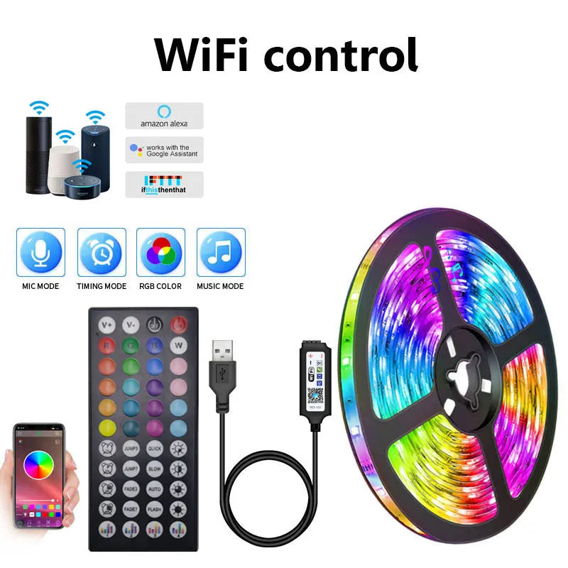 USB 5V RGB LED Strip 5050 SMD Smart Bluetooth & Wi‑Fi LED Tape, Alexa/Google Compatible — 1m to 30m USB RGB Backlight