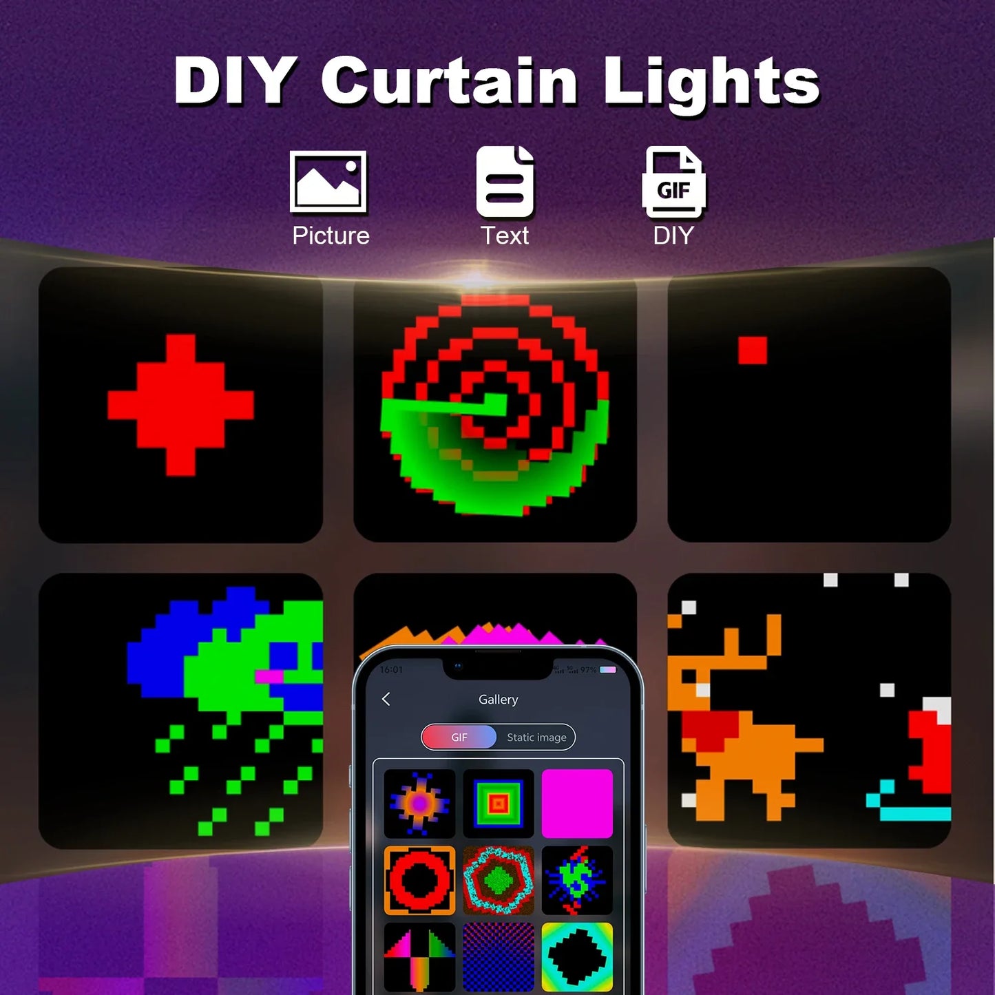 LED Smart Curtain Lights 400-LED RGB Fairy Curtain – App & Music Sync, Remote, IP65 Waterproof (3m×3m / 9.8×9.8ft • 2m×2m / 6.6×6.6ft • 1m×1m / 3.3×3.3ft)