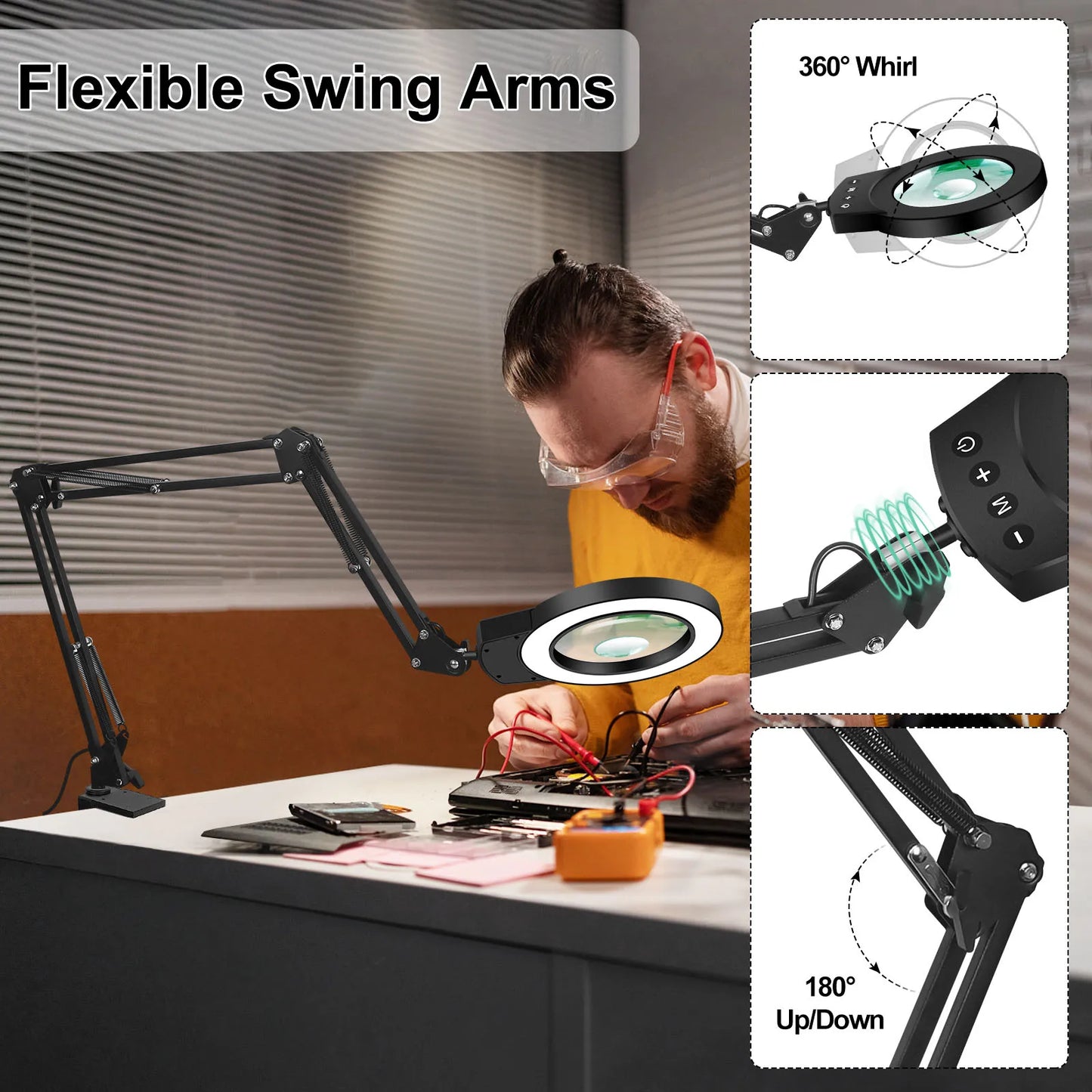 Adjustable 5X/10X Magnifying Lamp with 110mm (4.3 in) Lens - Touch 5-Color LED, 10-Level Dimming, Long Swing Arm Clamp Light for Reading, Jewelry & Soldering