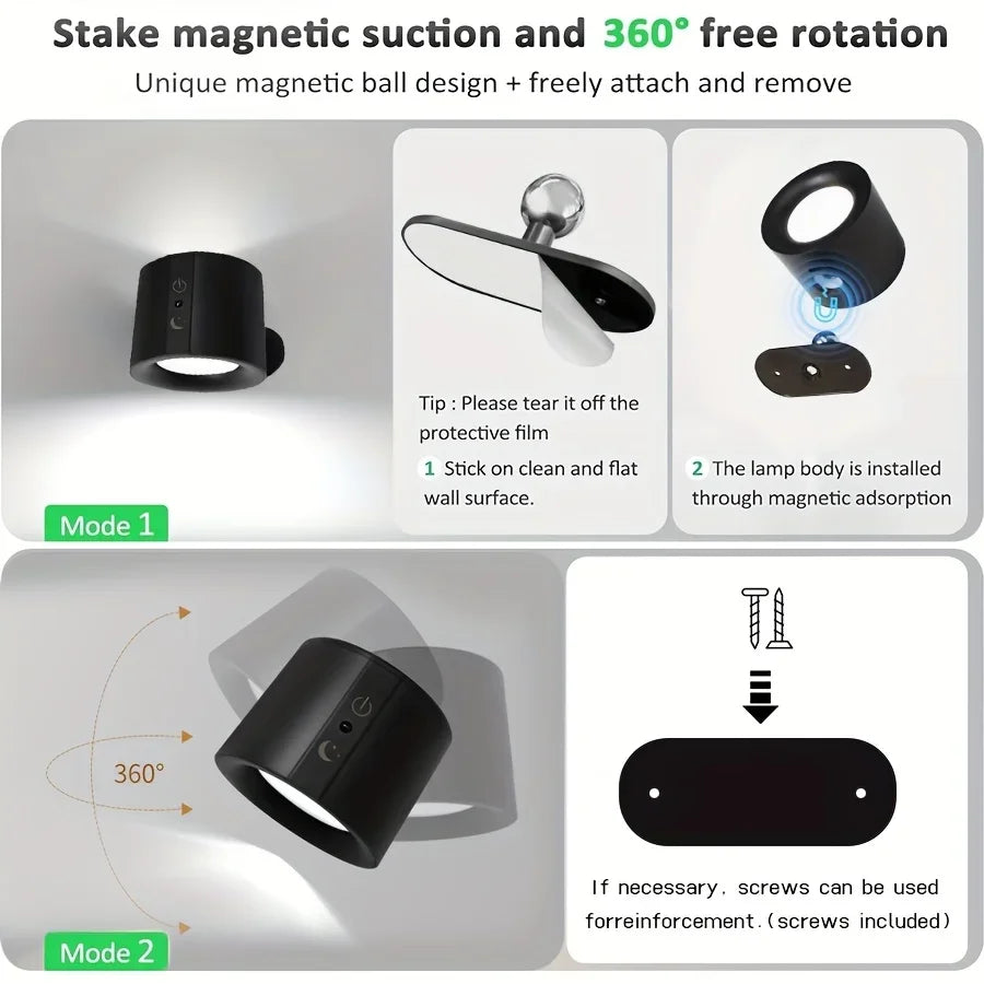 Double-Head Magnetic LED Wall Lamp Rechargeable 360° Rotating Dimmable Spotlight with Wireless Remote for Bedroom and Living Room