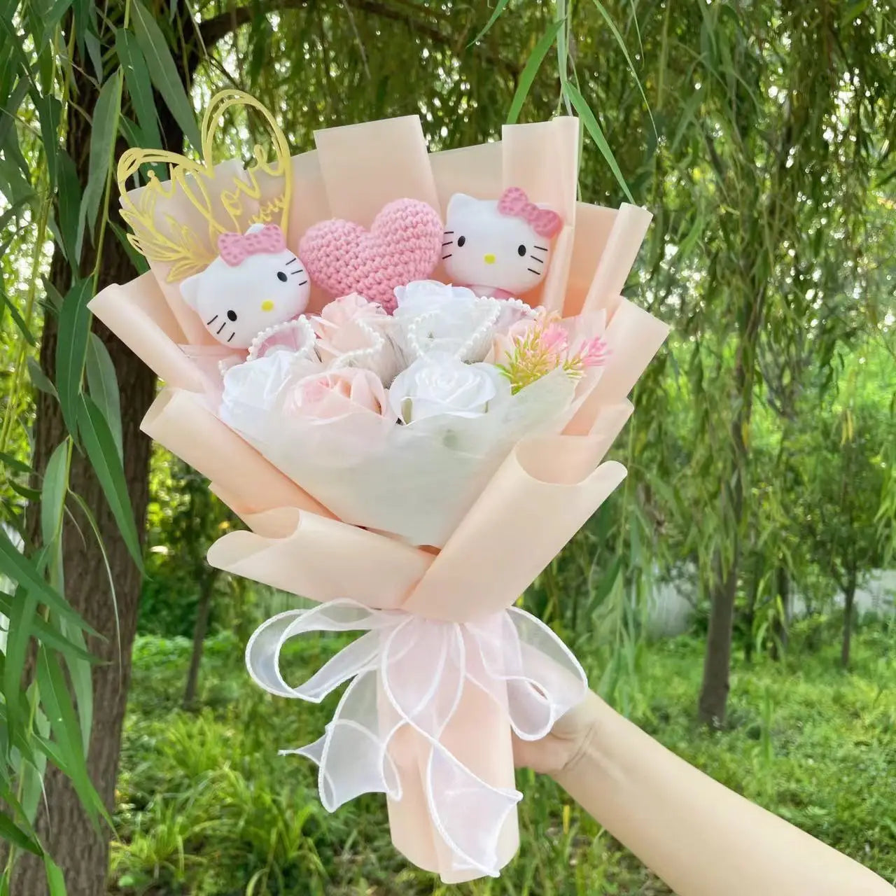 Kawaii Cat Plush Bouquet with Artificial Flowers — Cute Plush Doll Gift for Her, Valentine, Birthday, Graduation