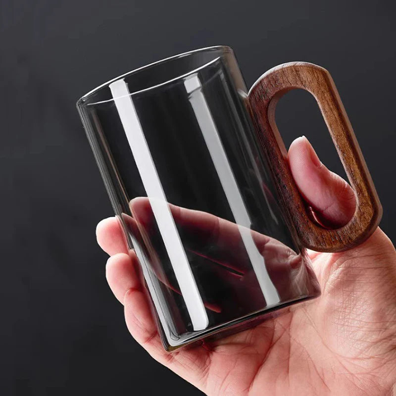 2/4/6-Pack Borosilicate Glass Mugs with Walnut Wooden Handle, 360 ml (12.2 fl oz) Heat-Resistant Teacup Set for Coffee, Milk & Juice