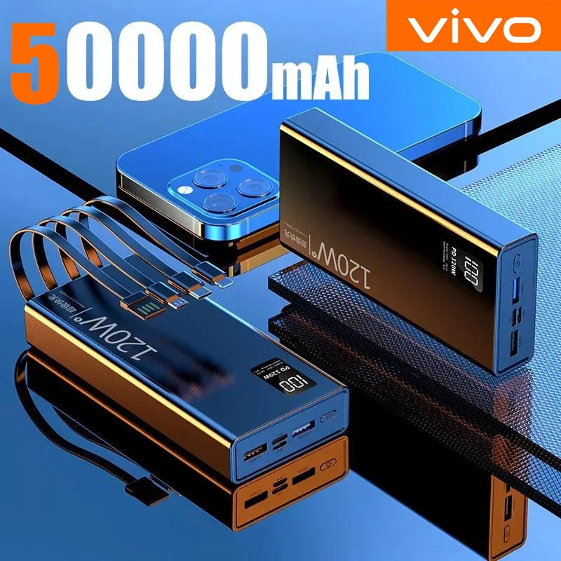 120W 50000mAh 4-in-1 Fast Charging Power Bank with Built-in Cables – Portable Charger for Smartphones & Tablets