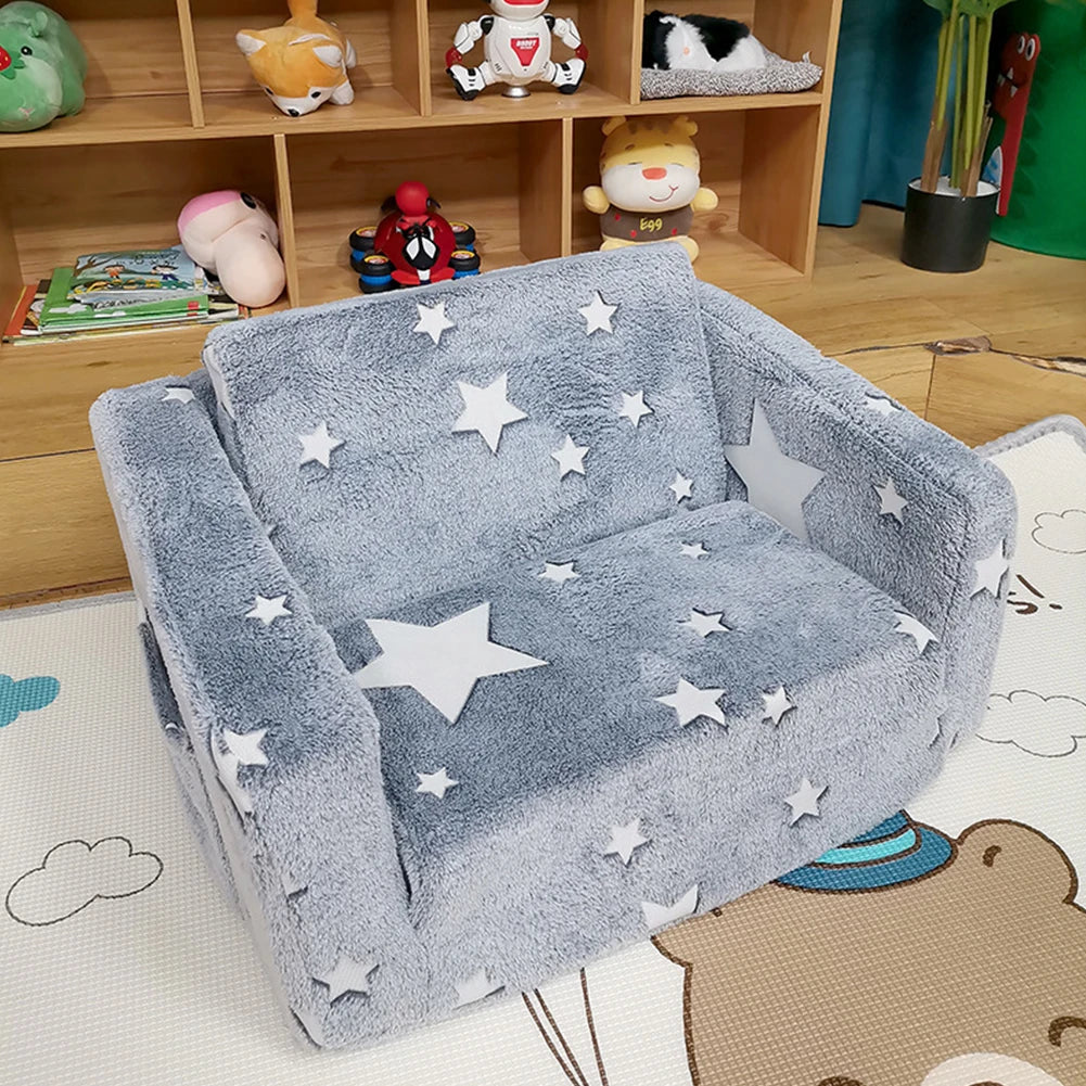 2-in-1 Foldable Toddler Sofa Chair Glow-in-the-Dark Plush Kids Couch and Recliner