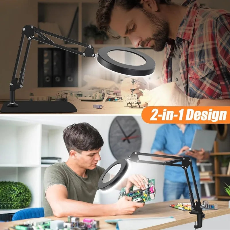 10x LED Magnifying Lamp 4.3-inch (110 mm) Glass Lens, 72-LED Dimmer, Swing Arm with Clamp & Weighted Base — 2-in-1 Desk Light for Crafts, Reading, Jewelry Repair