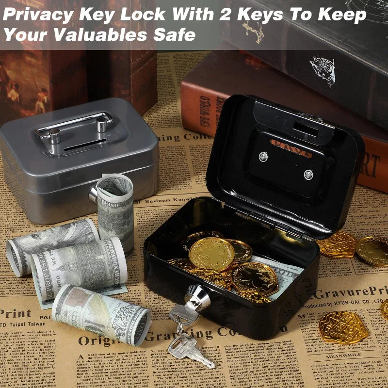 Portable Lockable Metal Cash Box with Key - Small Piggy Money Safe for Kids