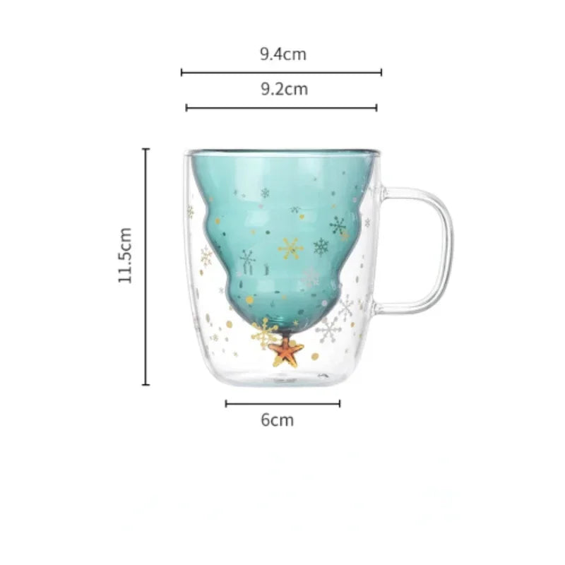 Christmas Tree Double Wall Glass Coffee Mug 300ml (10 fl oz), Heat-Resistant Cartoon Snow Mountain Design