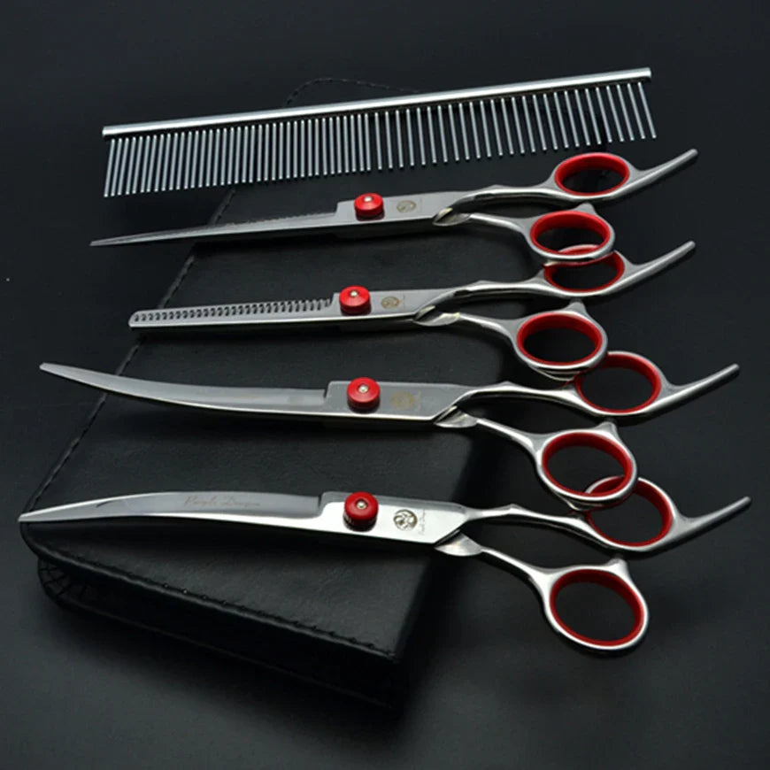 Dog Grooming Scissors Set 6" (15 cm) & 7" (17.5 cm) Stainless Steel Pet Shears — Thinning, Curved & Cutting