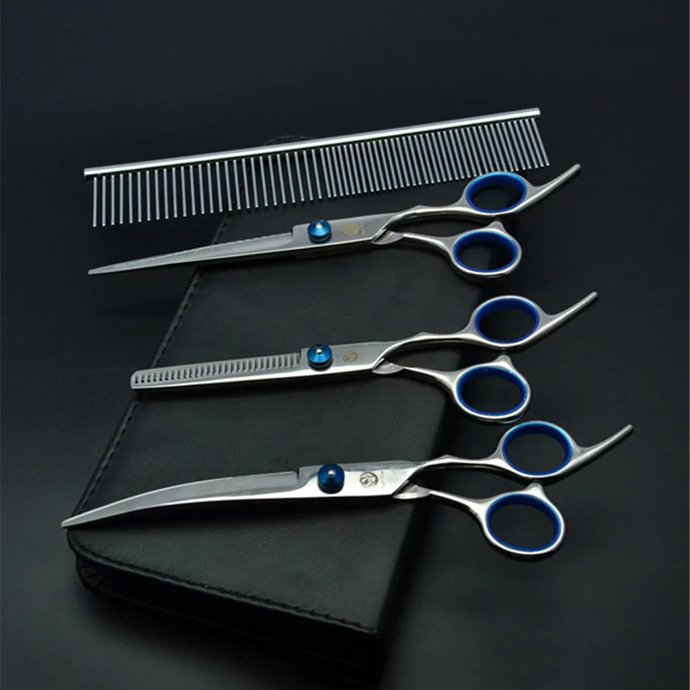 Dog Grooming Scissors Set 6" (15 cm) & 7" (17.5 cm) Stainless Steel Pet Shears — Thinning, Curved & Cutting