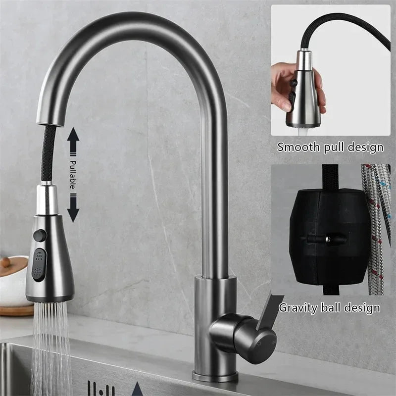 Pull-Out Kitchen Faucet 304 Stainless Steel Deck-Mounted Mixer Tap, Single-Handle Hot & Cold with Brushed Pull-Down Spray