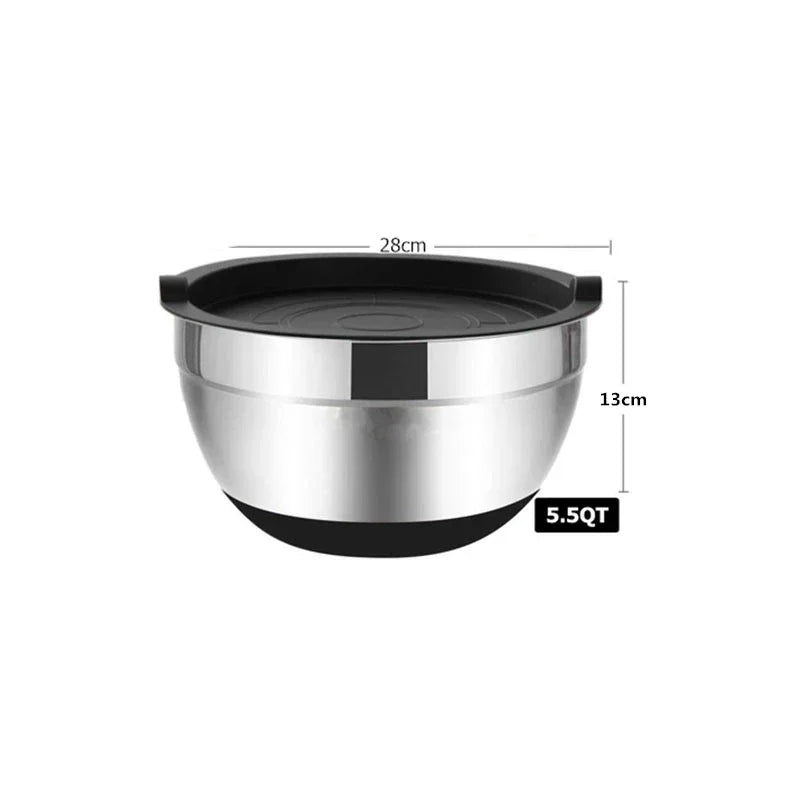 6-Piece Stainless Steel Mixing Bowls with Lids & Silicone Non-Slip Bases — Thickened Baking and Salad Bowls
