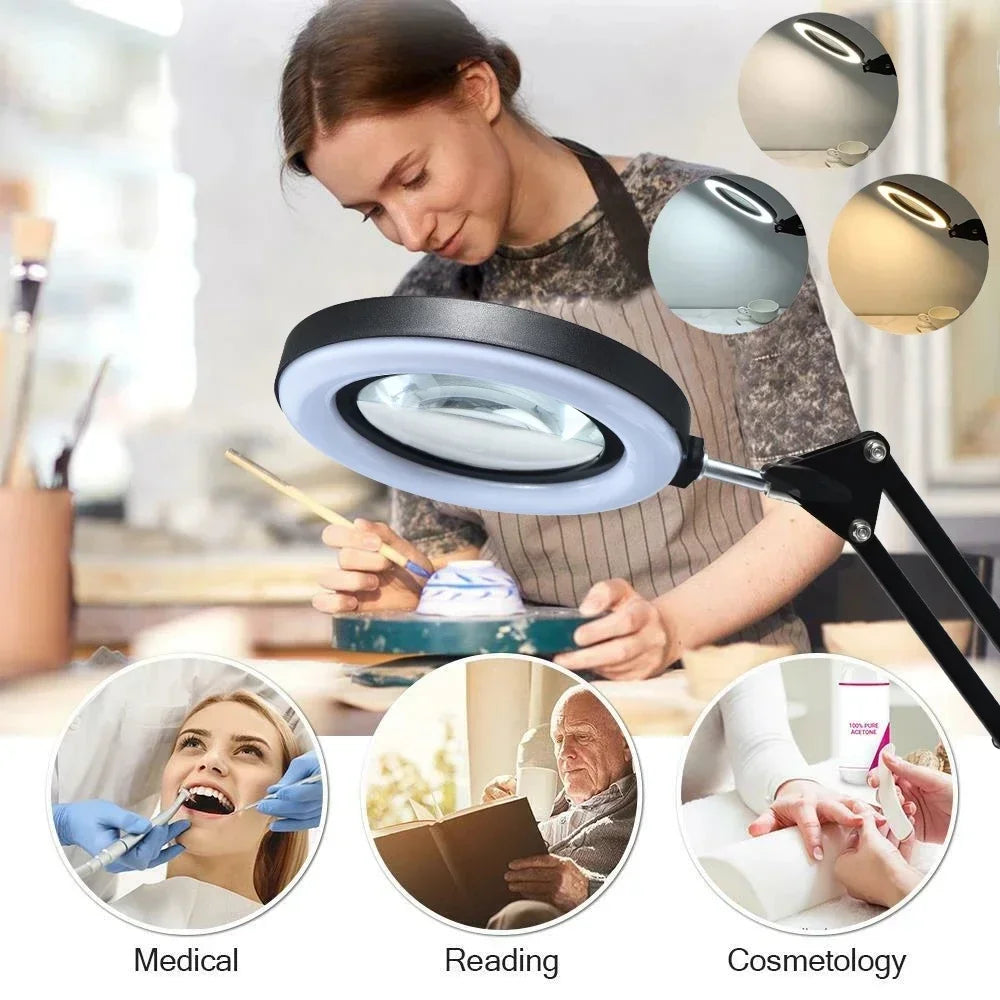 72-LED 8X/10X USB Illuminated Magnifying Lamp — 3-Color Adjustable LED Magnifier with Clamp for Soldering, Crafts, Repair & Skincare