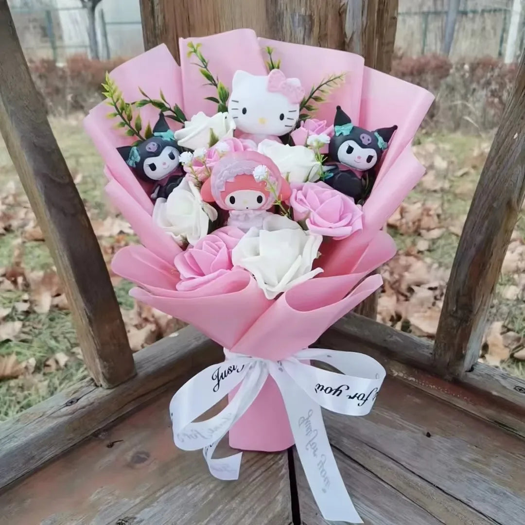 Kawaii Cat Plush Bouquet with Soap Rose Flowers — Cute Valentine's Day, Birthday & Graduation Gift