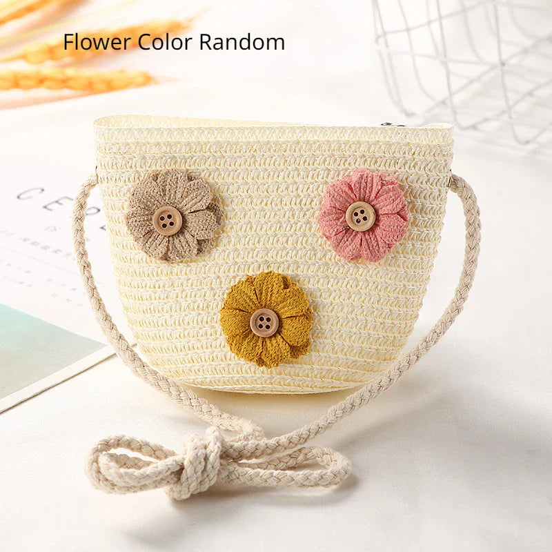 Girls Daisy Straw Mini Messenger Bag, Kids Shoulder Handbag with Coin Purse