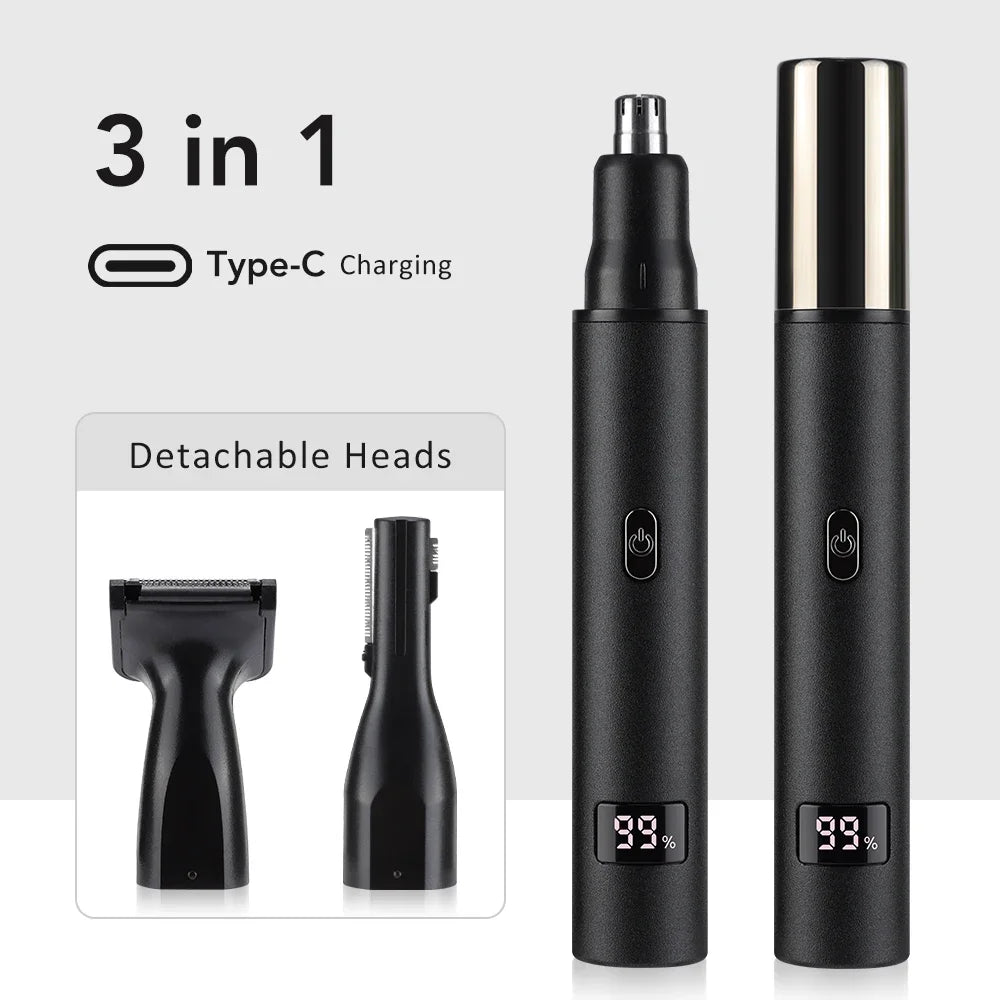3-in-1 Rechargeable Nose Ear Eyebrow Trimmer for Men — USB Type-C, Digital Battery Display, 360° Rotary Painless Groomer