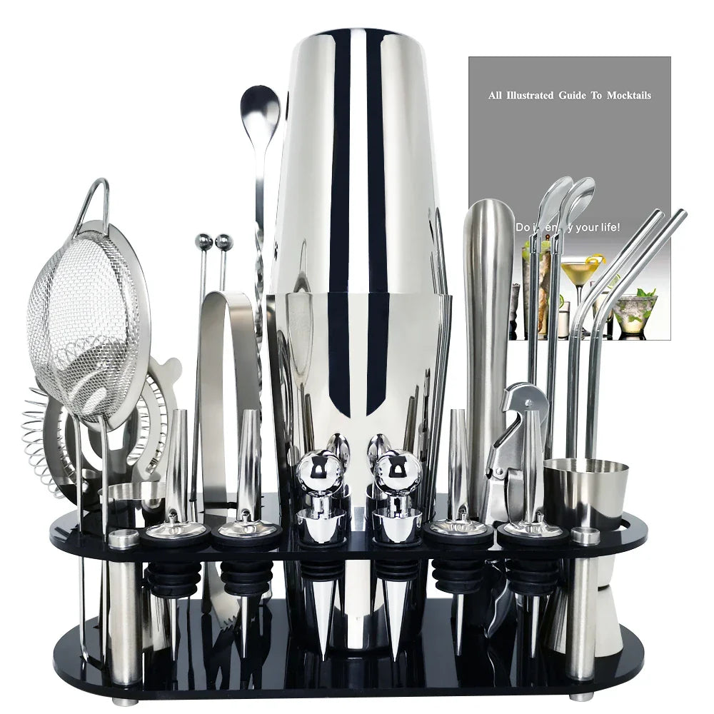 13-22 Piece Cocktail Shaker Bar Set – Stainless Steel Bartender Kit with 750ml/600ml Shaker, Jiggers, Strainer, Pourers & Acrylic Rack