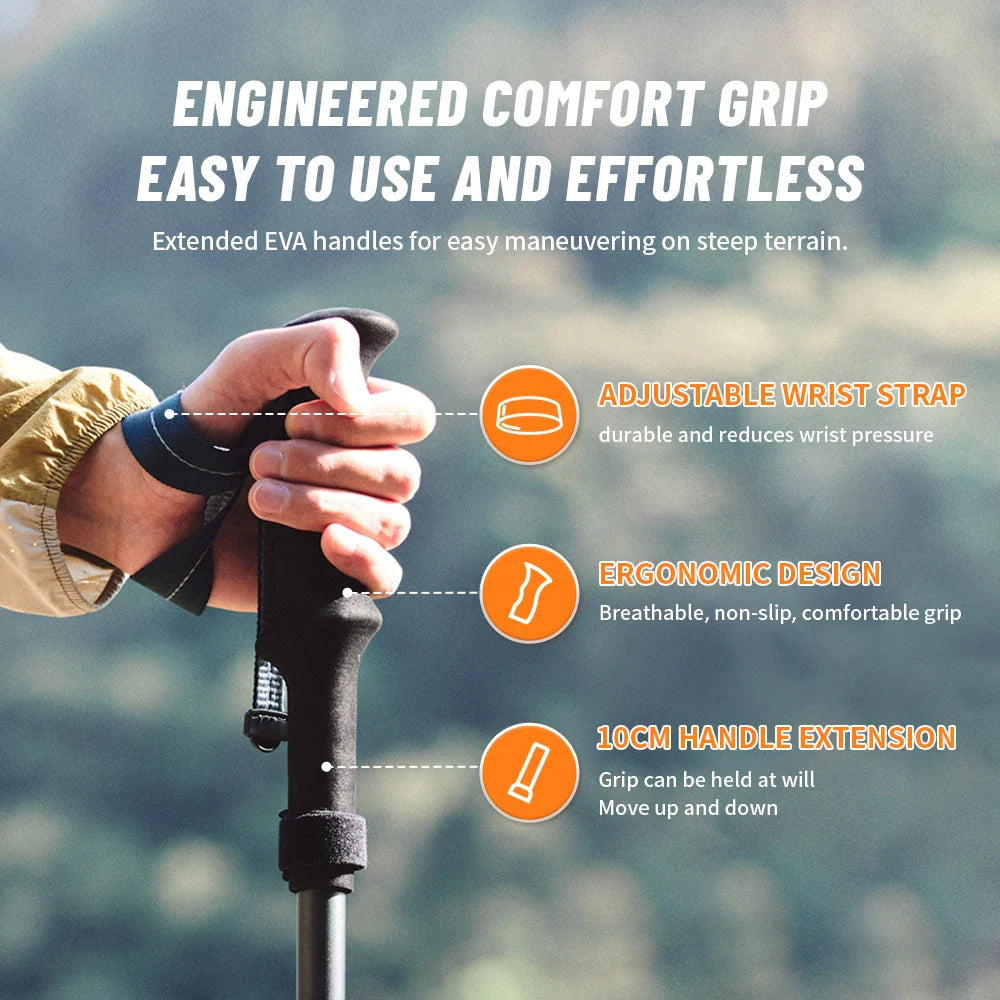 Ultralight Carbon Fiber 5-Section Folding Trekking Poles, Collapsible Quick-Lock Hiking Poles Adjustable 103–120 cm (40.6–47.2 in) or 115–135 cm (45.3–53.2 in)