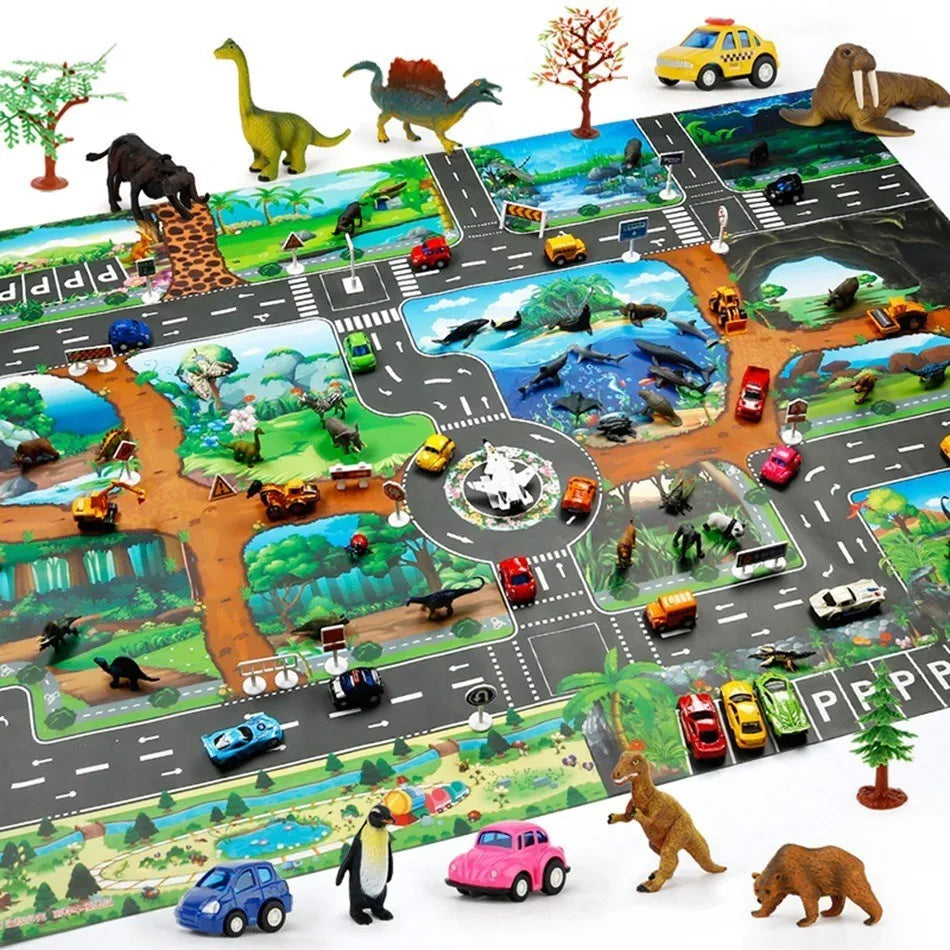 Kids Waterproof Playmat 39.4 x 51.2 in (100 x 130 cm) – Portable Foldable Road Map Play Rug with Farm, Animal & Dinosaur Design, Non-Toxic Toddler Activity Mat