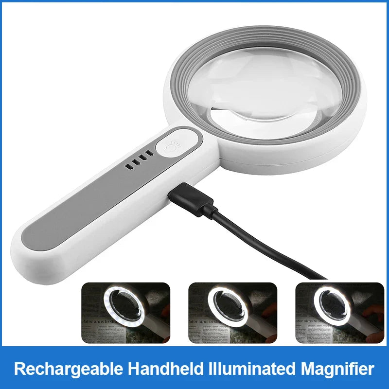 Rechargeable LED Handheld Magnifier 3 Lighting Modes Illuminated Magnifying Glass for Seniors Reading and Repair