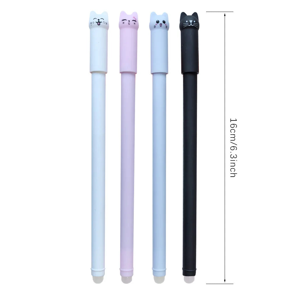 4/6/12-Pack Kawaii Cat Erasable Gel Pens 0.5mm Black & Blue Ink Refillable Cute School & Office Stationery