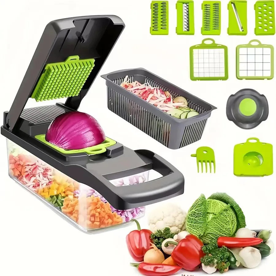 16-Piece Multifunctional Vegetable Slicer & Chopper Set - Food-Grade Stainless Steel Grater with Collector Basket