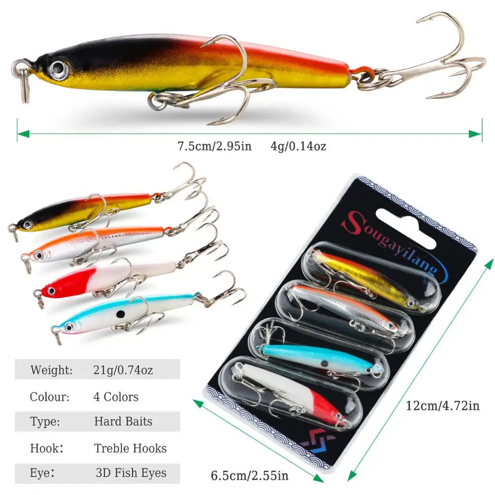 4-Pack Wobbler Fishing Lures – Hard Baits with Anti-Corrosion Treble Hooks for Bass & Carp (Saltwater & Freshwater)