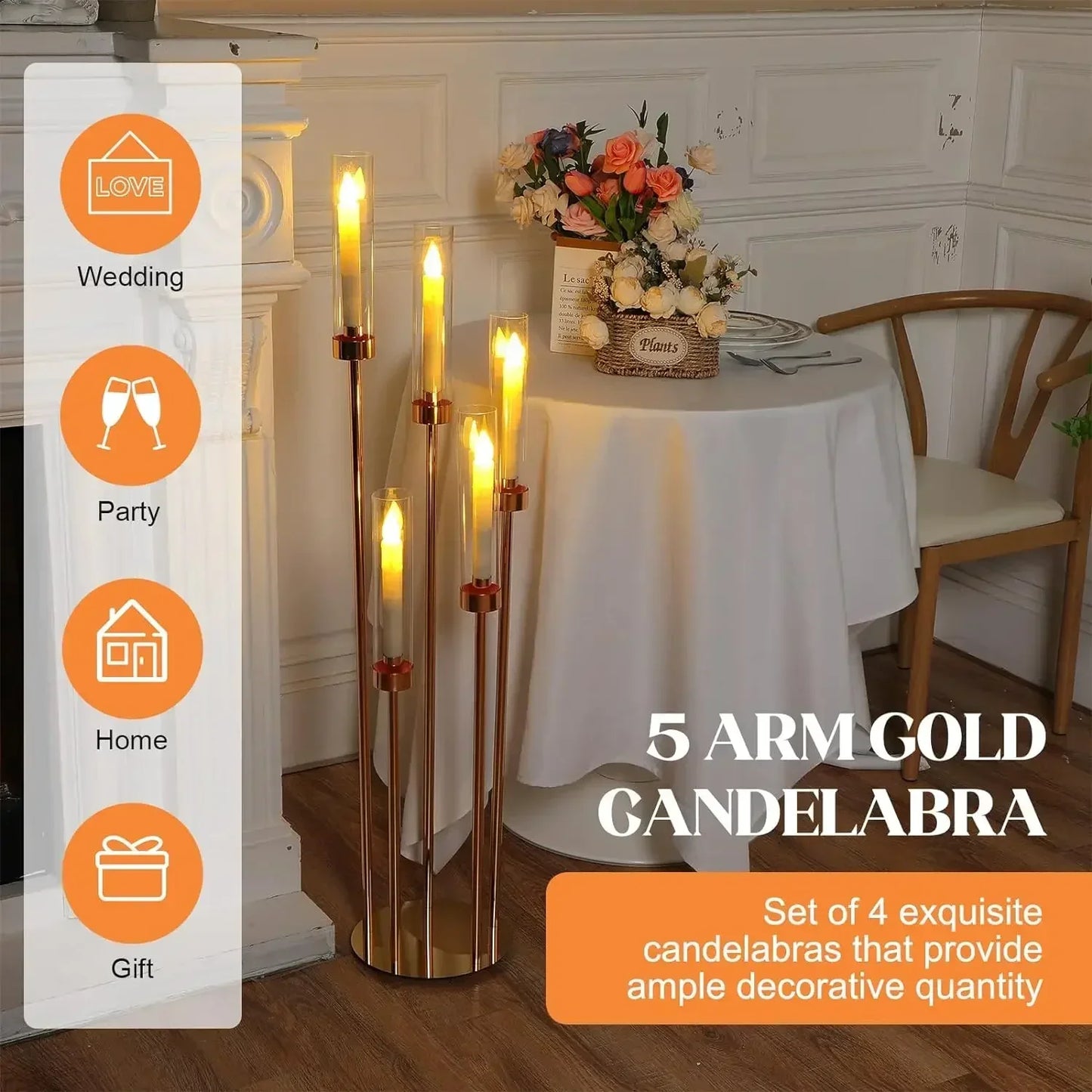 5-Arm Floor Candelabra 42.5 in (108 cm) Gold Metal Candle Holder with 5 Acrylic Shades for Wedding Centerpiece
