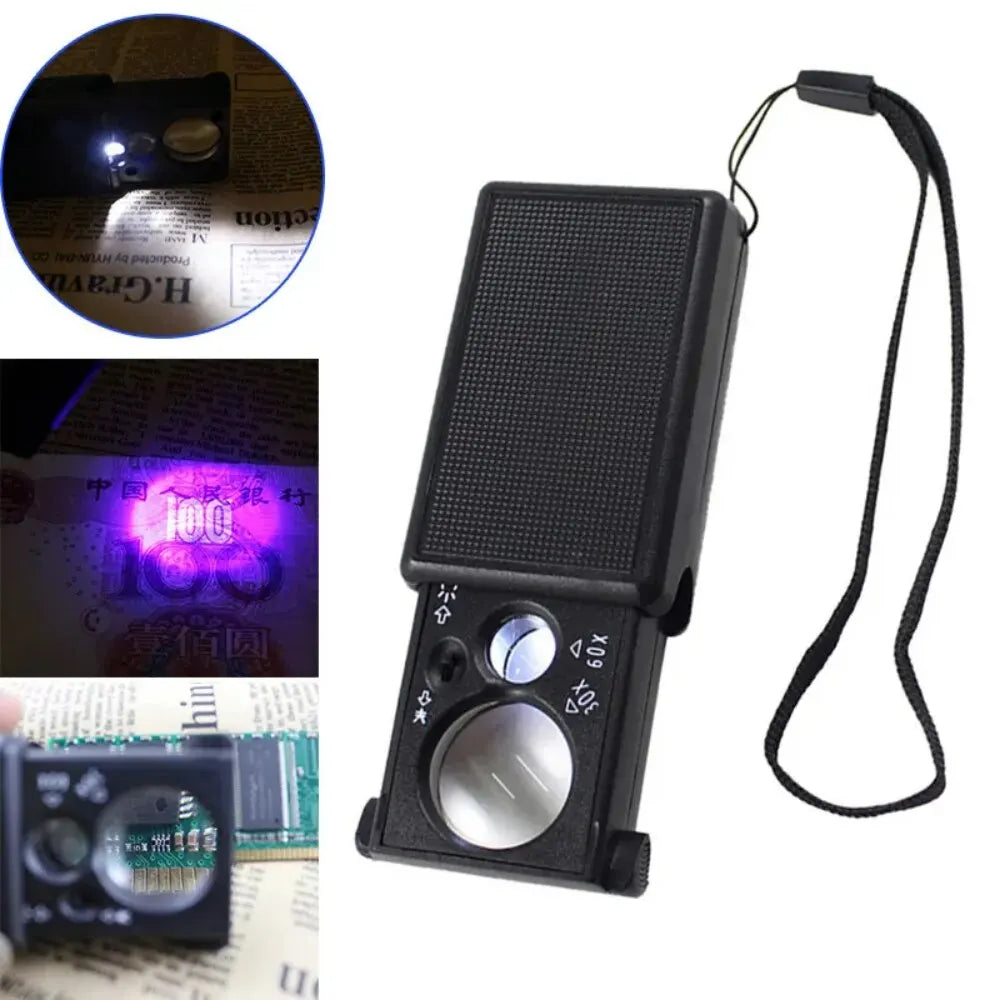 30X/60X Jewelry Magnifier with LED & UV Detector – Mini Handheld Magnifying Glass for Coins, Currency & Gems