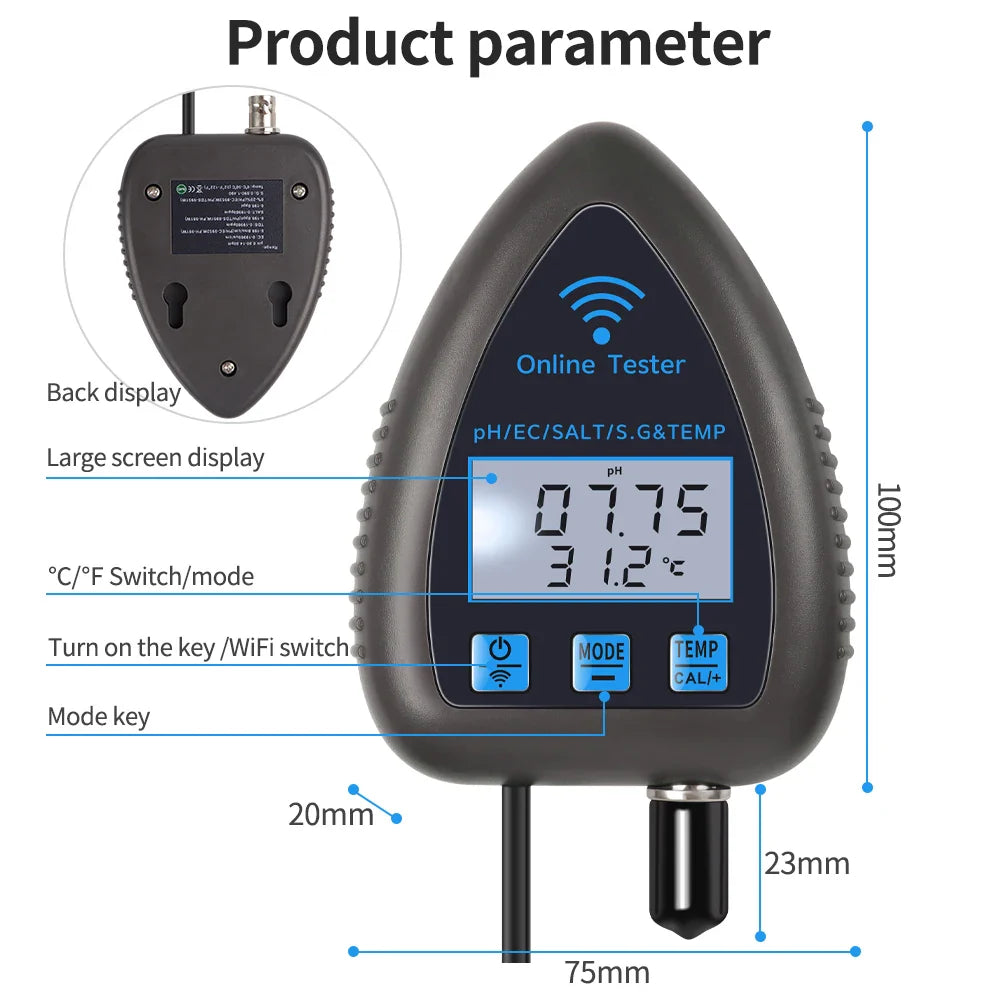 5-in-1 WiFi & Bluetooth Water Quality Monitor — pH, TDS/EC, Salinity, Specific Gravity & Temp for Aquariums, Hydroponics & Aquaculture