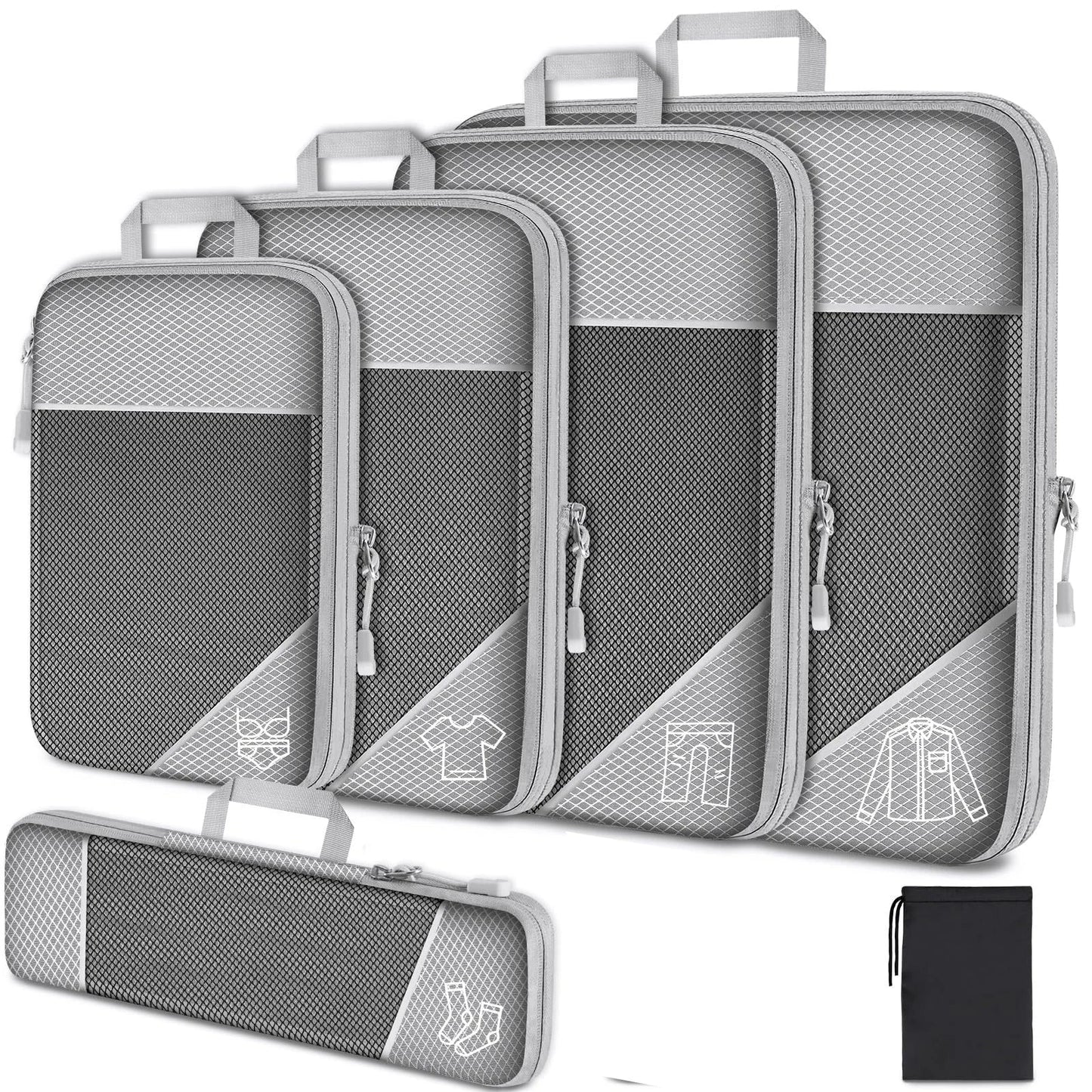 6-Piece Travel Compression Packing Cubes Set with Shoe Bag - Mesh Lightweight Luggage Organizers