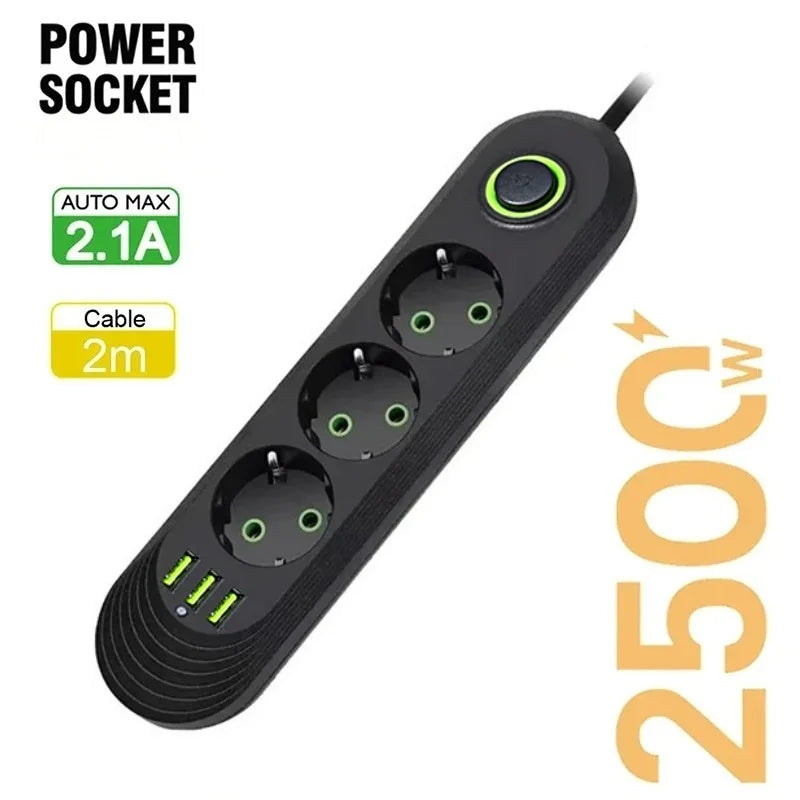2500W EU Plug Power Strip, 5 Outlets & 3 USB Ports, Overload Protection with Master Switch