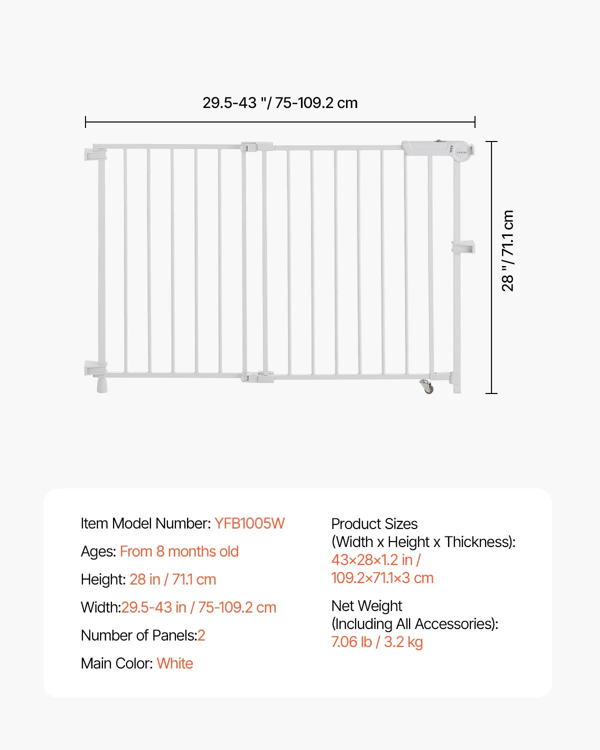 Adjustable Baby & Pet Gate 29.5–43 in (75–109 cm) Width, 28 in (71 cm) High Walk-Through No-Threshold Gate with One-Hand Double-Lock