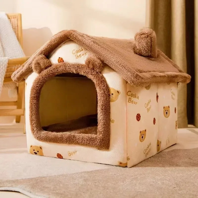 Foldable Plush Pet House Bed — Cozy Winter Dog & Cat Nest, Puppy Cave Sofa for Small & Medium Pets (S/M/L, Removable Cover)