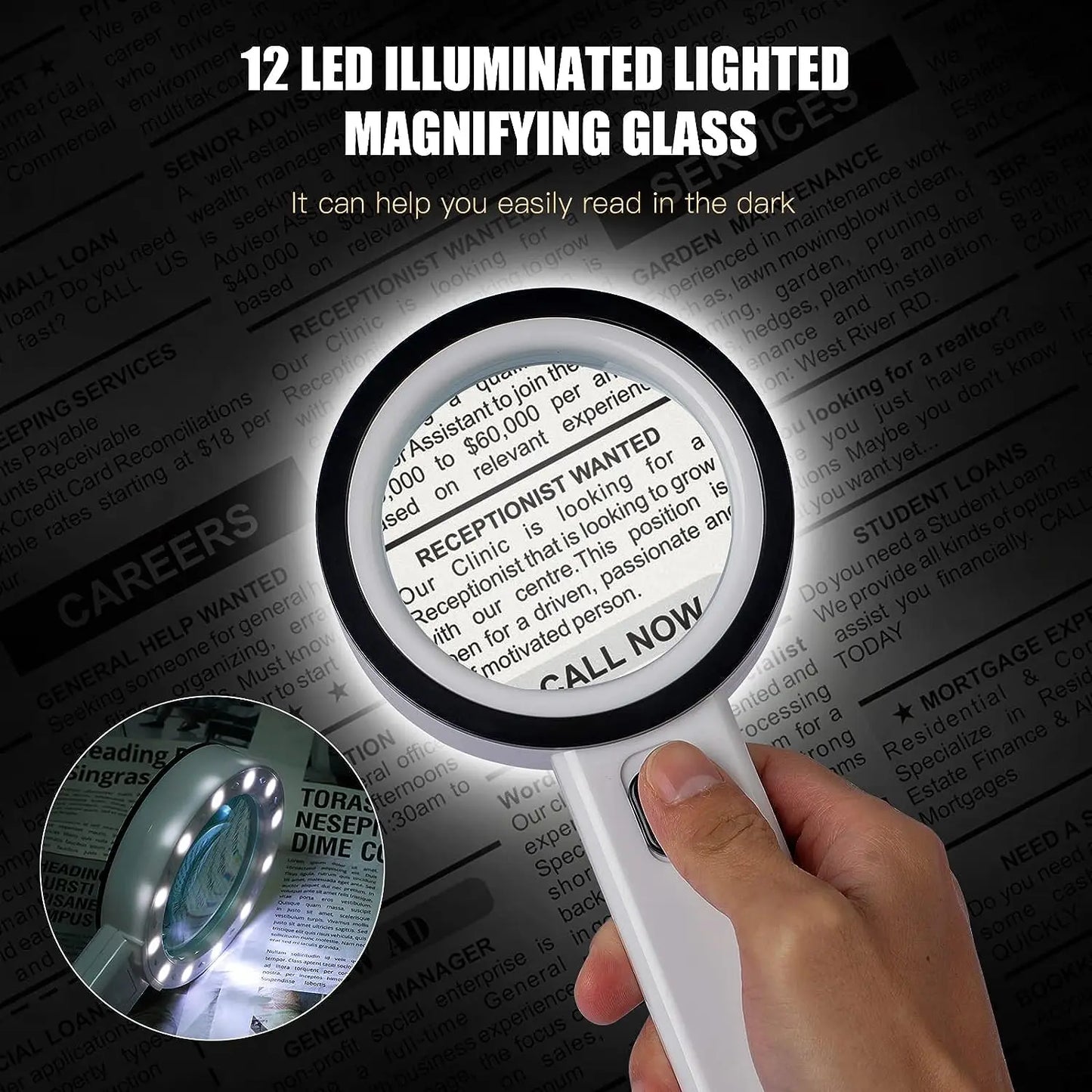30X Handheld Magnifying Glass with 12 LEDs, Double Glass Lens Illuminated Magnifier for Reading, Jewelry & Watch Repair